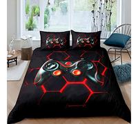 Gamer Duvet Cover Set Boys Teens Video Game Gaming Bedding Set Geometric Honeycomb Hexagon Comforter Cover Console Game Controller Quilt Cover Room Decor 2Pcs Single Size,Black,Red