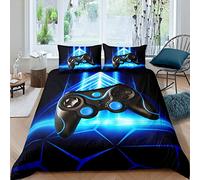 Gamer Duvet Cover Set Boys Teens Video Game Gaming Bedding Set Geometric Triangle Comforter Cover Kids Console Gamepad Anime Quilt Cover Bedroom Collection 3Pcs Double Size,Blue