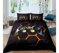 Gamer Duvet Cover Set Boys Teens Video Game Gaming Bedding Set Kids Toddler Geometric Honeycomb Hexagon Comforter Cover Game Controller Quilt Cover Room Decor 2Pcs Single Size,Black,Orange