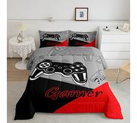 Gamer Duvet for Boys Teens Red and Black Gaming Comforter Set Video Game Bedding Home Decor for Kids Comforter King Size 3 Pieces Quilted Duvet Set 1 Comforter with 2 Pillowcase
