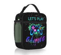 Gamer Lunch Bag Kids Teens Adults, Insulated Lunch Box with Bottle Holder and Handle, Easy Wipe Clean & Large Capacity Gaming Lunchbox for School Travel Office
