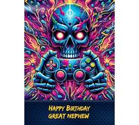 Gamer Skull Colourful Art Birthday Card for Great Nephew - For Him Age Male Boy Man