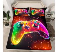 Gamer's Game Bed Sheet Double Size,Color Gamepad Electronic Game Fitted Sheet for Adults Bedroom Decor,Modern Bedroom Decoration Bed Cover 3pcs,2 Pillowcases,No Top Sheet