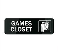 Games Closet Sign Stickers, 10X3 Inch Acrylic Plaque With Strong Adhesives For Door Office Business Outdoor, White Letters On Black Background