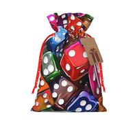 (Games Dice Set) Print Christmas New Year Candy Gift Bag, Red Xmas Ribbon Drawstring Bags for Kids Xmas Holiday Eve Presents M Size