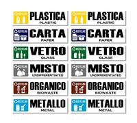 GamesMonkey® - Recycling Stickers for Recycling Garbage V1 - Washable Waterproof Illustrated - Italian English - Conforms to UNI 11686 (15 x 4, 12 Pieces)