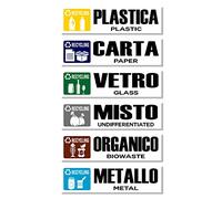 GamesMonkey® - Stickers Separate Collection Recycling Waste Rubbish v1 - Waterproof Washable Illustrated - Italian English - Compliant with UNI 11686 (15x4 cm, 6 Pieces)