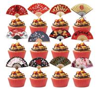 Gameza Hibachi Birthday Party Decorations - 24PCS Japanese Hibachi Party Decorations Japanese Style Paper Fans Cupcake Toppers Cupcake Picks Cake Decor Asian Baby Shower Wedding Birthday Supplies