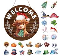 Gameza Interchangeable Welcome Sign for Front Door, Highland Cow Welcome Sign with Interchangeable Holiday Magnet Swappable Pieces, Wooden Home Hanging Decor