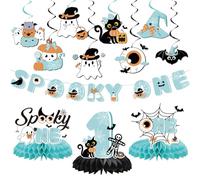 Gameza Spooky One Birthday Decorations Boy, Blue Halloween 1st Birthday Banners Hanging Swirls and Honeycomb Centerpieces, Cute Ghost Eyeballs Pumpkin Cat Decor Supplies