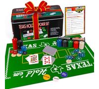 Gamie Texas Holdem Poker Game Set - Includes Hold’em Mat, 2 Card Decks, Chips, Chip Holder and Tin Storage Box - Fun Game Night Supplies - Cool Casino Gift for Kids & Adults