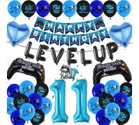 Gaming 11th Birthday Decorations Balloons - 49 Pcs Blue Happy Birthday Banner Decoration Set Level Up Latex Banners Game Controller Foil Balloon for 11 Years Old Birthday Party Supplies