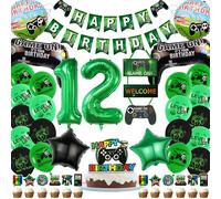 Gaming 12th Birthday Decorations for Boys - Green Video Game Party Decorations Includes Happy Birthday Banner Cake Topper Door Decoration Star Round Number 12 Foil Balloons for Game Themed Party