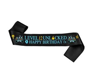 Gaming 12th Birthday Decorations Sash - Boys Level 12 Unlocked Banners Black, Happy Birthday Sash for Official Pre-Teen 12 Years Old Birthday Party Supplies