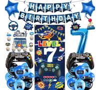 Gaming 7th Birthday Decorations Boys - 41 PC Blue Video Game Set | 41 Pcs Blue Video Game Banners Gaming Controller Foil Balloons Cake Topper Swirl Hangings Backdrop