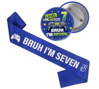 Gaming 7th Birthday Sash Badge - 2 Pcs Blue 7 Game Themed Birthday Gifts | Bruh I'm Seven Birthday Sash Level 7 Unlocked Bruh I'm Seven Badge Game for Boys Happy 7 Years Old Party Decorations
