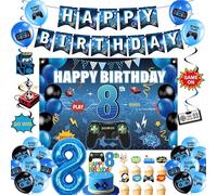 Gaming 8th Birthday Decorations Boy - 31 Pcs Video Game Party Decoration including Banners, Hanging Swirls, Number 8 Foil Balloon, Backdrop and Latex Balloons for Kids 8 Years Old Party Supplies