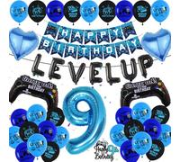 Gaming 9th Birthday Decorations Balloons - 48 Pcs Blue Happy Birthday Banner Decoration Set Level Up Latex Banners Game Controller Foil Balloon for 9 Years Old Birthday Party Supplies