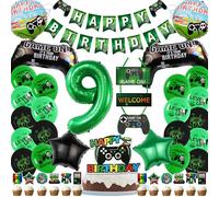 Gaming 9th Birthday Decorations for Boys - Green Video Game Party Decorations Includes Happy Birthday Banner Cake Topper Door Decoration Star Round Number 12 Foil Balloons for Game Themed Party