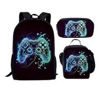 Gaming Backpack for Boys, Waterproof Lightweight 3-Piece School Bag Set with Lunch Bag & Pencil Case, Large Capacity School Bag for Kids 6-14 Years, Perfect for Elementary (game008, Black)