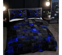 Gaming Bedding Set Boys Single Double King Size Microfibre Duvet Cover Set Neon Dazzle 3D Visual Plaid Print Kids Men Quilt Cover Pillowcase Modern Bedroom Decor (Blue,King)