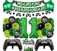 Gaming Birthday Decorations Balloons Boy - Green Happy 11th Birthday Banner Decoration Set with Foil Balloon, Game Controller for Video Game Theme 11 Years Old Party Supplies