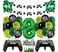 Gaming Birthday Decorations Balloons Boy - Green Happy 8th Birthday Banner Decoration Set with Foil Balloon, Game Controller for Video Game Theme 8 Years Old Party Supplies