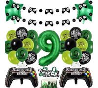 Gaming Birthday Decorations Balloons Boy - Green Happy 9th Birthday Banner Decoration Set with Foil Balloon, Game Controller for Video Game Theme 9 Years Old Party Supplies