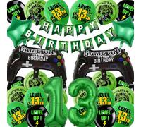 Gaming Birthday Decorations for Boys - Green Happy 13th Birthday Banner Decoration Set with Controller & Star Foil Balloons, Video Game Theme Party Supplies