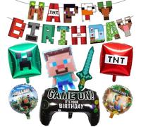 Gaming Birthday Decorations, Happy Birthday Banner, 8 PCS Gaming Party Decoration Set Includes 1 Banner and 7 Balloons, Green Party Decorations for Kids Boys Girls Theme Party Supplies