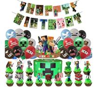 Gaming Birthday Party Decorations Supplies Include Happy Birthday Banners, Cupcake Toppers, Balloons for Boys Miner Game Party Decor