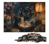 Gaming Black Cat with Ramen Wooden Jigsaw Puzzle, Adult Leisure, 300 Pieces | Image-area sorting - a simple way to organise the image on weekends.