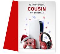 Gaming Christmas Card for Cousin - Games Console Controller Headphones - Gamer Cousin Xmas Card for Merry Christmas - 7x5" - Blank Inside