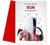 Gaming Christmas Card for Son - Games Console Controller Headphones - Gamer Son Xmas Card for Merry Christmas - 7x5" - Blank Inside