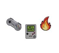 Gaming Console Themed Gift Set Collection Of 3 Pin Badges Including A Classic Grey Gaming Pad, No 1 Gamer Grey Handheld Games Console And A Flame