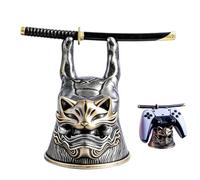 Gaming Controller Holder Stand, Samurai Mask Cat Handle Stand (Golden) | Universal Desktop Decorative Display Base Compatible with Gaming & PC Controllers, Unique Desk Organizer & Gamer Gift