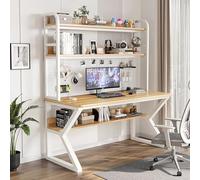 Gaming Desk with Hutch and Bookshelf Combo - White Shelf Home Office Computer Desk with Pegboard for Study and Workspace, 80 * 60 * 170cm