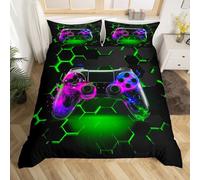 Gaming Duvet Cover Set Double Size, Green Honeycomb Gamepad Bedding Set 3pcs for Kids Boys Teens Room Decor, Videogame Controller Comforter Cover Gamer Reversible Quilt Cover with 2 Pillowcases