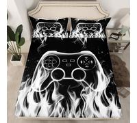 Gaming Flame Fitted Sheet Single Size,Video Games Bedding Sets 2Pcs for Kids Girls Boys Room Decor,Cool Burning Flames Bed Sheets Modern Black Deep Pocket Sheet,1 Pillowcase