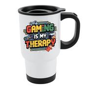 Gaming is My Therapy Travel Mug Gamer Insulated Coffee Cup Funny Retro Gift with Controllers & Headphones Video Game Tumbler for Work Commute or School - White