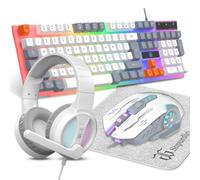 Gaming Keyboard and Mouse, Headphones, Mouse pad, All in One Combo for PC Gamers and Xbox and PS4 Users-White Grey Orange