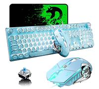 Gaming Keyboard and Mouse,Retro Steampunk Vintage Typewriter-Style Mechanical Keyboard with White LED Backlit,104-Key Anti-Ghosting Blue Switch Wired USB Metal Panel Round Keycaps(Blue)