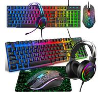 Gaming Keyboard Set with Headset and Mouse, 104 Keys Rainbow Backlit UK Keyboard, 2400dpi, 7.1 RGB Lightweight Honeycomb Surround Sound, Mouse Pad Combo for PS4 Xbox
