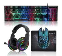 Gaming LED Keyboard Mouse Headset and Mousepad Bundle, CHONCHOW Wired Rainbow LED Light Up Gaming Keyboard Mouse Headset, Value 4 in 1 Game Set for Xbox PS4 PS5 PC Laptop Gamer