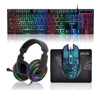 Gaming LED Keyboard Mouse Headset and Mousepad Bundle, CHONCHOW Wired Rainbow LED Light Up Gaming Keyboard Mouse Headset, Value 4 in 1 Game Set for Xbox PS4 PS5 PC Laptop Gamer