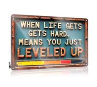 Gaming Metal Tin Decor Level Up When Life Gets Hard Tin Sign Home Wall Decor Funny Metal Sign Tin Signs Warning(20X30CM)