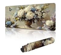 Gaming Mouse Mat Large Mouse Mats for Durable & Washable, Desk Pad with Non-Slip Rubber Base, Stitched Edges Desk Pad for Laptop, Office, Home, Gaming - White Flowers 900 x 400 mm Y-y132