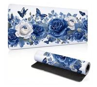 Gaming Mouse Mat, Large Mouse Pad 35.4x15.7x0.12 inch, Washable Laptop Desk Pad, Stitched Edges Mousepad, Blue Flower-4 Keyboard Pad, Non-Slip Rubber Base Desk Mat for Computer PC, Office 0A0-466
