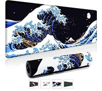 Gaming Mouse Mat XXL 800 x 300 mm Japan Art Kanagawa Surfing and Black Mouse Mat Large Stitched Edges Waterproof Non-Slip for PC, MacBook, Laptop