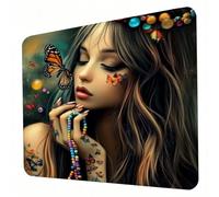 Gaming Mouse Pad 290 x 240 x 3mm Butterfly Mouse Mat, Optimised for Gaming Sensors, Moderate Surface Friction, Non-Slip and Stitched Edg Mousepad Beautiful Women (3), Mac and PC, Gifts for Men J0-461